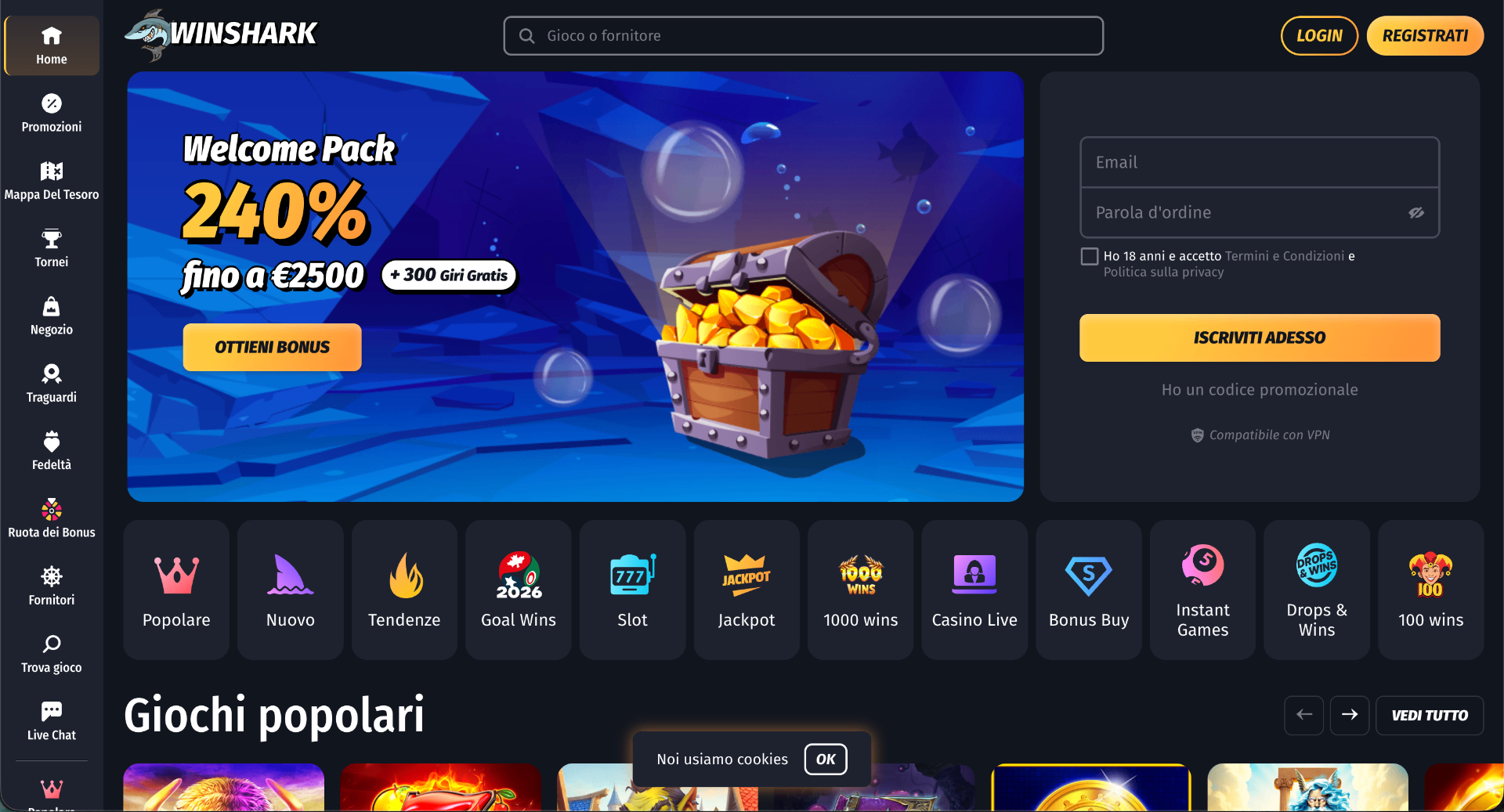 Screenshot della homepage di WinShark